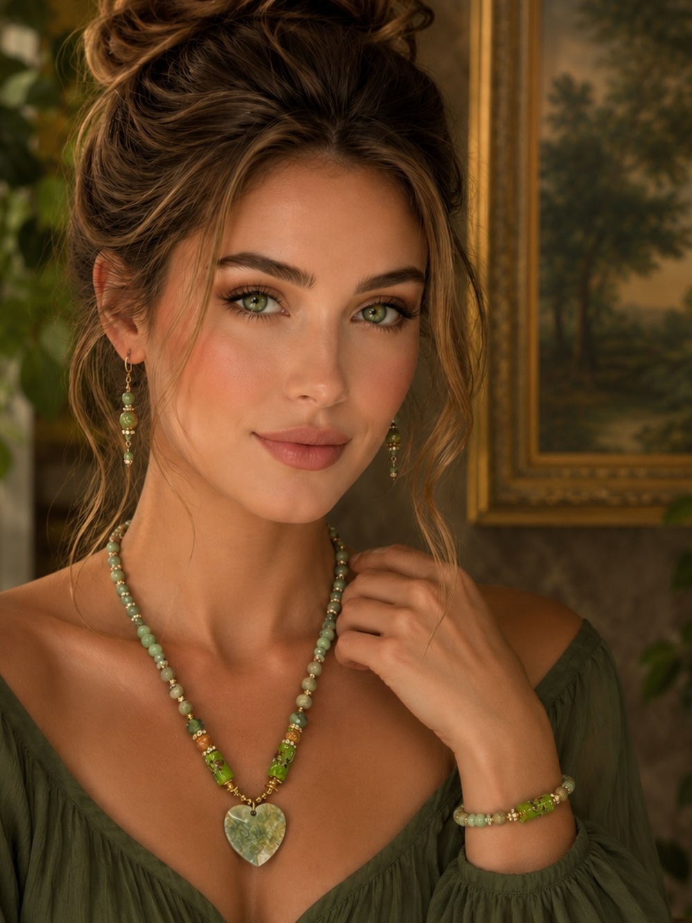Moss Green Agate & Unikite Gemstones & Crystals Beaded Jewelry Set.